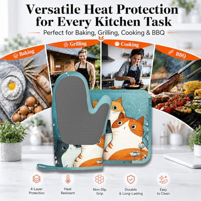Cute Cartoon Cat Oven Mitts and Pot Holders Sets Funny Cat Silicone Heat Resistant Kitchen Oven Gloves Pot Holder for Cooking Baking Grilling BBQ - color: Cute Cartoon Cat
