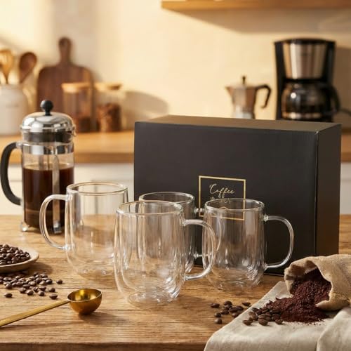 COLLECTIVE HOME 14oz Double Walled Glass Coffee Mugs, Set of 4 - Insulated Clear Glass Cups with Handle, Premium Gift Boxed, Heat Resistant Borosilicate Glassware for Latte, Americano & Tea (4)