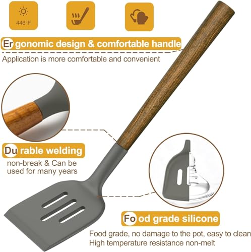 Umite Chef Silicone Cooking Utensil Set, 8-Piece Kitchen Utensils Set with Natural Acacia Wooden Handles,Food-Grade-Silicone Kitchen Gadgets and Spatula Set for Nonstick Cookware - Grey - color: Gray
