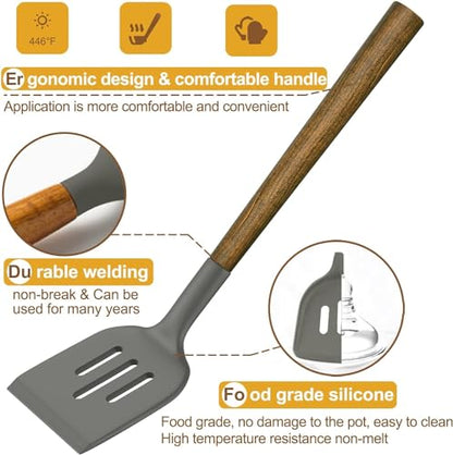 Umite Chef Silicone Cooking Utensil Set, 8-Piece Kitchen Utensils Set with Natural Acacia Wooden Handles,Food-Grade-Silicone Kitchen Gadgets and Spatula Set for Nonstick Cookware - Grey - color: Gray