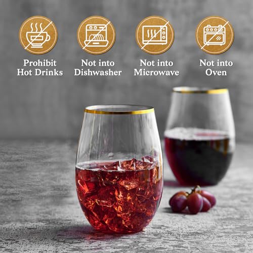 FOCUSLINE 20pcs 16 Oz Plastic Wine Glasses, Stemless Gold Rim, Heavy Duty Disposable Drinking Cups, Reusable Shatterproof for Party & Wedding | Thick and Durable, Shatter-Resistant, and Reusable; Ideal for Weddings, Parties, Toasts, and Various Celebratio