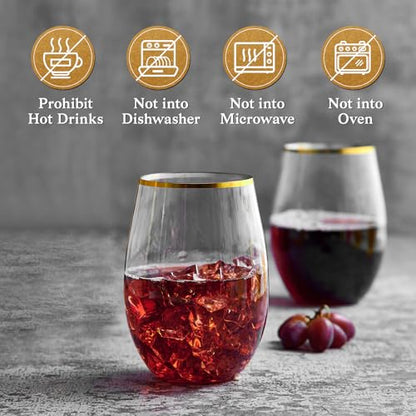 FOCUSLINE 20pcs 16 Oz Plastic Wine Glasses, Stemless Gold Rim, Heavy Duty Disposable Drinking Cups, Reusable Shatterproof for Party & Wedding | Thick and Durable, Shatter-Resistant, and Reusable; Ideal for Weddings, Parties, Toasts, and Various Celebratio