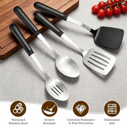 4 Pcs Cooking Utensils Set, Stainless Steel Kitchen Utensils, Heat Resistant Metal Kitchen Tools Include Solid, Slotted Turner, Serving Spoon, Non-Stick Wok Spatula, Dishwasher Safe, Silver