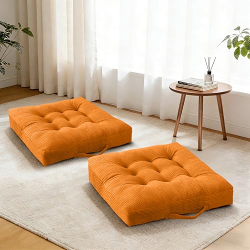 Orange 2 Pack Tufted Velvet Floor Pillows with Handle for Yoga | Portable Chair Pads for Sitting Reading on Floor, Comfortable Seats for Kitchen Bar Stools & Patio,18x18 In - color: Orange