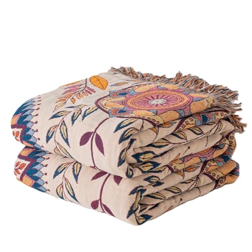 Phuryllic Boho Throw Blanket Throw Size, Soft Cozy Cotton Muslin Quilt Blanket for Bed Decor, Floral Patterned Couch Sofa Chair Cover, Vintage Farmhouse Cottage Tapestry Woven Blanket, Beige&Blue - color: Blissful Wreath, size: 50" x 60"