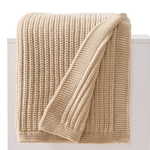 Soft Chunky Knit Ginger Beige Throw Blanket for Couch 50"x60" | Soft Cozy Lightweight Ribbed Fisherman-Knit Blanket,All-Season Warmth Cute Decorative Throw for Sofa Bed Living Room - color: Ginger Beige, size: 50"x 60"
