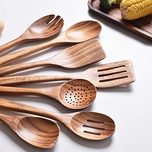 Gudamaye 13 inch Long Wooden Utensils for Cooking, Long Handle Wooden Spoons for Cooking, 7 PCES Crafting Wooden Spoon Set, Wooden Kitchen Utensil set, Natural Teak Wooden utensil Set - size: 7 PCS Long Handle