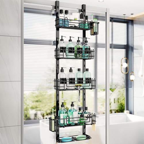 HapiRm 5 Tier Over the Door Shower Caddy, Hanging Shower Caddy with 28 Hooks and 2 Toothbrush Holders, No Drilling Adjustable Hanging Bathroom Organizer - Black - color: Black, size: 5-tier