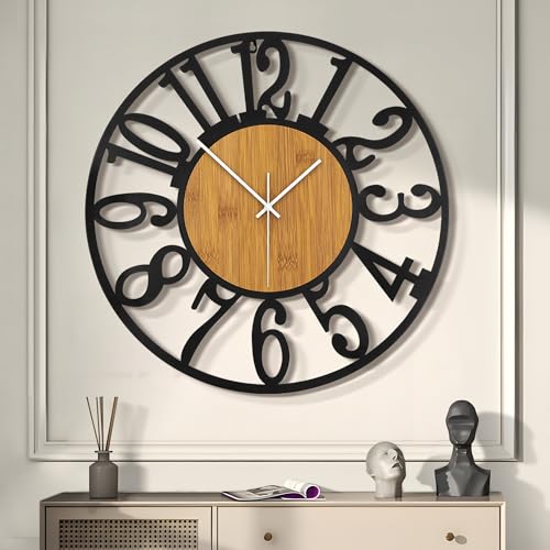 LEIKE Large Wall Clocks,Silent,Non Ticking,Battery Operated Rustic Round Modern Big Wood Wall Clock for Living Room, Bedroom,Kitchen,Farmhouse,Office,Home Decor - color: A-wood-arabic Number, size: 16 IN