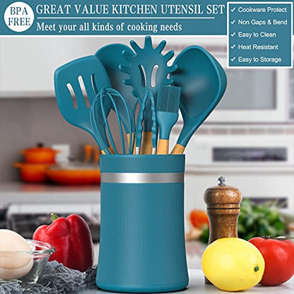 33 PCS Silicone Kitchen Utensils Set, Umite Chef Heat Resistant Cooking Utensils Set With Holder, Wooden Handle Kitchen Gadgets Tools Spatula for Nonstick Cookware