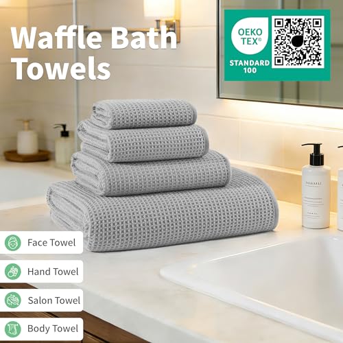 MICROFI Waffle Weave Bath Towel Set, Microfiber, 4 Pieces (Body/Hair/Hand/Face), Quick Dry, Lightweight, Super Absorbent, Lint Free, 380 GSM (Silver) - color: Silver