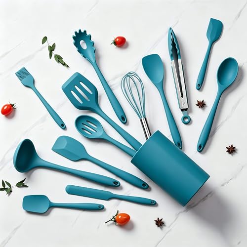 LIANYU 14 Pcs Silicone Kitchen Cooking Utensils Set with Holder,Dark Blue | 446°F Heat Resistant Silicone Cooking Utensils Spatula Set, Non-Stick & Dishwasher Safe Cooking Tools, Comfort Grip Handle - color: Dark Blue