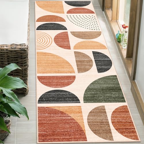 Boho Runner Rug Washable,2x6 Area Rugs Non Slip Modern Abstract | Long Throw Carpet for Hallways Kitchen Bathroom Bedroom Entryway Bedside Laundry Soft Low Pile Indoor Bohemian Terracotta - color: Rust and Brown, size: 2' x 6' (Rectangular)