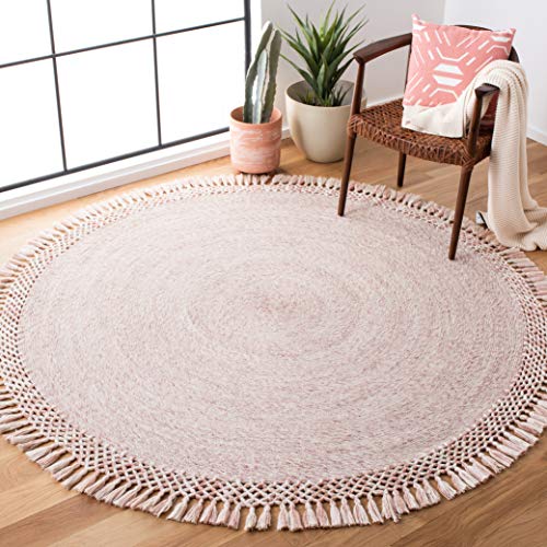 SAFAVIEH Sahara Collection Area Rug - 5' Round, Pink, Handmade Boho Tassel, Ideal for High Traffic Areas in Living Room, Bedroom (SAH490U) - color: Pink, size: 5' (Round)