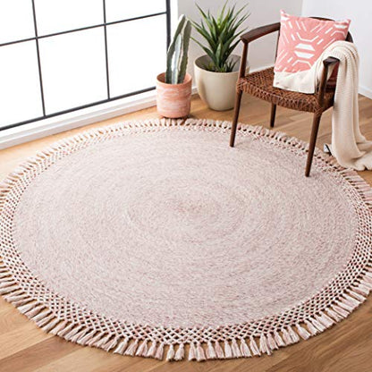 SAFAVIEH Sahara Collection Area Rug - 5' Round, Pink, Handmade Boho Tassel, Ideal for High Traffic Areas in Living Room, Bedroom (SAH490U) - color: Pink, size: 5' (Round)