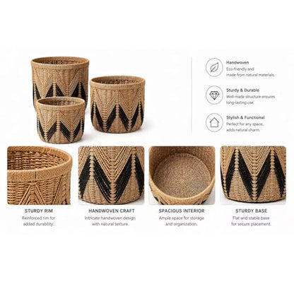Set of 3 Woven Storage Baskets Decorative Nested Organizer Bins for Blankets Toys Towels and Home Organization Set for Living Room Bedroom Natural,S+M+L