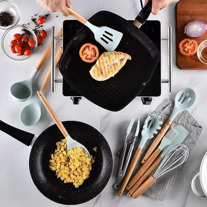 12-Piece Silicone Kitchen Utensil Set: Heat resistant up to 446°F. Includes Turner, Tongs, Spatula, Spoon, Brush, Whisk, Wooden Handles, Holder for Nonstick Cookware. (Light Green), Medium