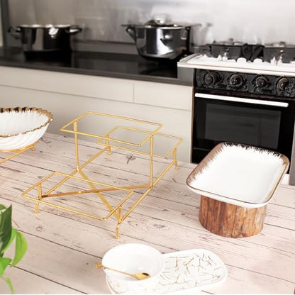Three-Tier Ceramic Plate Rack - A Foldable Gold-Rimmed Plate Rack with Three 10.6-inch Gold-Rimmed Plates for displaying Food, Fruit, Desserts, and Serving Guests. - color: 3-tier 10.6 Inch Serving Rack