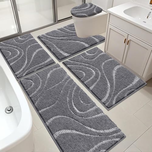 HEBE Bathroom Rugs Sets 5 Piece, Non Slip Washable Absorbent Bath Mat Set | Super Soft Plush Microfiber Bathroom Mats with Runner Set, Solid Bathmat with U-Shaped Toilet Rug Cover Set for Tub, Shower - color: Stone Grey, size: 18"x26"+20"x32"+20"x48"+U20"
