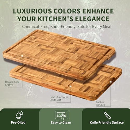 BAMBANG Bamboo Cutting Board for Kitchen with Juice Groove, End-Grain Butcher Block Chopping Boards, Checkered Wooden Cutting Boards Set of 3 with Stand, Knife-Friendly, Serving Tray - color: End Grain