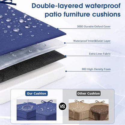 Outdoor Chair Cushions Set of 4, 19x19 Waterproof Patio Pads, Navy Blue | Fade resistant fabric with ties, handle and 3-inch foam for dining seats, decks, porches, gardens and hard seating - color: Navy Blue