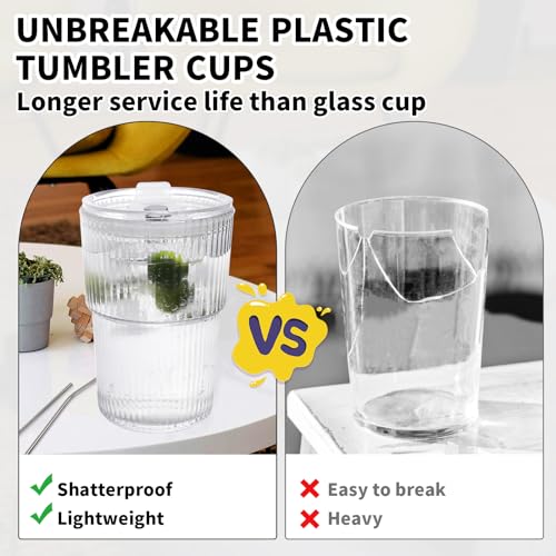 16 OZ Iced Coffee Cups with Lids and Straws Set of 4, Unbreakable Plastic Drinking Glasses Reusable Iced Coffee Glass to Go Cup for Iced Tea,Juice, Water,BPA Free, Dishwasher Safe - style: 4 Pack