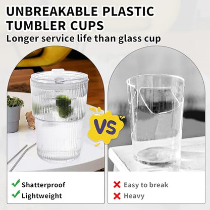 16 OZ Iced Coffee Cups with Lids and Straws Set of 4, Unbreakable Plastic Drinking Glasses Reusable Iced Coffee Glass to Go Cup for Iced Tea,Juice, Water,BPA Free, Dishwasher Safe - style: 4 Pack