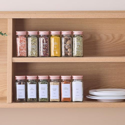 48 Pcs Glass Spice Jars with Labels, Seasoning Containers with Pink Lids | Airtight spice bottles Keep Fresh,4oz Spice Containers with Shaker Lids, Funnel for Spice Rack,Kitchen Spice Drawer Organizer