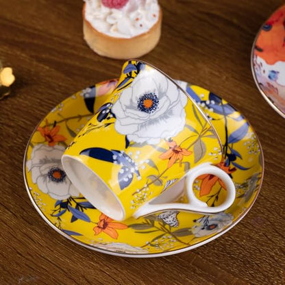 KAMMAK Tea Cups and Saucers Set of 2, 5.7 oz Porcelain Coffee Cups, 567N | Stackable Espresso Mugs, Ceramic Demitasse for Coffee, Cappuccino, Latte, Americano, Tea - size: 7KPSP567N+568N