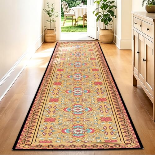 Washable Corridor Runner Rug, Non-Slip Hallway Rug with Upgrade Rubber Backing, Stain Resistant Faux Wool Distressed Carpet for Bedroom Kitchen Laundry Corridor Balcony (Orange, 94.5" x 23.6") - color: Orange, size: 1'11" x 7'11"