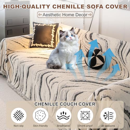 ROOMLIFE Couch Cover 3 Cushion Sofa, Washable Non Slip Furniture Sofa Protector Cover, Soft Chenille Sofa Slipcovers Sectional L Shape Dogs Couch Cover Throw Blanket with Tassels 71''X134'' - color: Cy#black, size: X-Large（71*134IN）