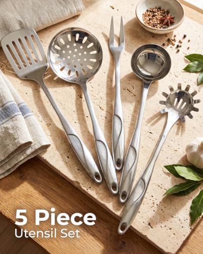 Zulay Kitchen Stainless Steel Cooking Utensil - Stainless Steel Kitchen Utensil - Durable Kitchen Gadgets - Metal Kitchen Accessories - Easy to Clean Kitchen Tools - 5 Piece Set - size: 5 Piece Set