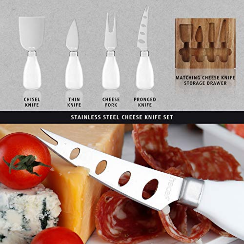 hecef Cheese Board Set Acacia Wood - Large Charcuterie Board with Stainless Steel Knife Set, Thick Wooden Server - Fancy House Warming, Birthday Choice for Gourmets, Feast, Cheese Serving - style: with Drawer-White