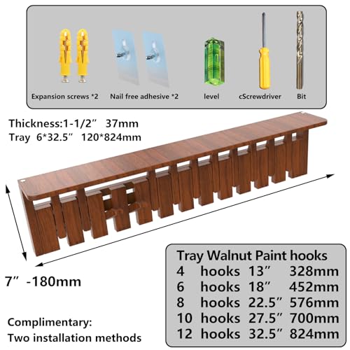 Wall Mounted Coat RackHooks Piano Key Hangers Natural Solid Wood Hanger Non-Woven Fabric Clothes Hangers for Closet, Kitchen, Bedroom, Bathroom, Entryway (Tray Walnut-Beech, 8 Hooks) - color: Tray walnut-beech, size: 8 Hooks