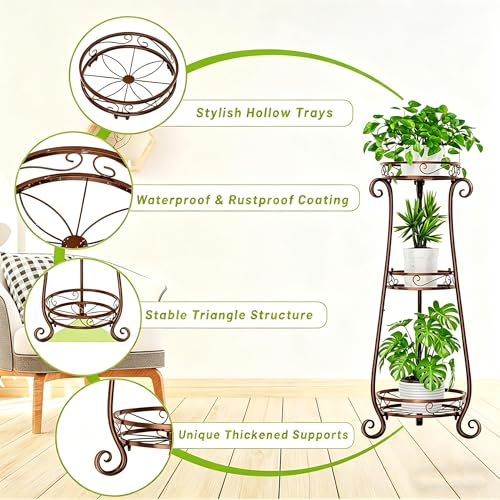 SYO 3-Tier Metal Plant Stand, Antique Bronze, Indoor Outdoor Flower Rack for Patio, Courtyard, Living Room, 33.9 in Tall