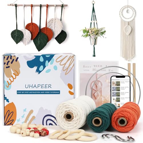 UHAPEER DIY Macrame Kits for Adults Beginners with Instruction and Video | Macrame Supplies - 656 Feet 3 mm Cotton Cord, Macrame Beads, Dream Catcher Rings, Macrame Plant Hanger Kit Boho Wall Hanging - color: Dark Green & Orange