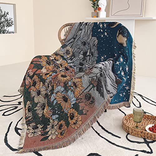 Flower Moon Mountain Throw Woven Blanket with Tassel for Home Decoration Chair Couch Sofa Bed Beach Travel Picnic Cloth Tapestry Shawl Cozy Cotton (Blue & Red 63×51 Inches)