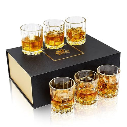 KANARS Crystal Whiskey Glasses Mixed 10 Oz Scotch Glasses Set of 6 | Rock Bar Tumblers 3 Patterns in Luxury Gift Box for Birthday, Anniversary, Housewarming, Father's Day and Wedding - color: Set of 6