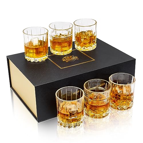 KANARS Crystal Whiskey Glasses Mixed 10 Oz Scotch Glasses Set of 6 | Rock Bar Tumblers 3 Patterns in Luxury Gift Box for Birthday, Anniversary, Housewarming, Father's Day and Wedding - color: Set of 6
