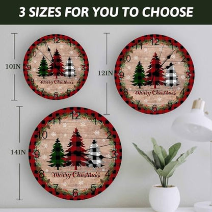 Christmas Silent Wall Clock, 12 Inch Red Black Buffalo Plaid Round, Battery Operated, Xmas Snowflake Pine Tree Design - color: Christmascbt5114, size: 12x12inch(30x30cm)