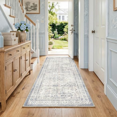 FMFUNCTEX 2x6 Washable Hallway Runner Rug Blue Vintage Neutral Non Slip | Distressed Farmhouse Retro Faded Soft Low Pile Indoor Thin Carpet Entryway Kitchen Laundry Bedroom Bathroom Entrance Bedside - color: Blue, size: 2' x 6' (Rectangular)