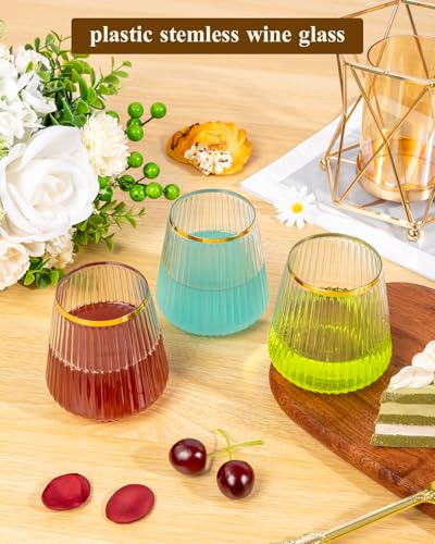 Goodluck 80 Pack 12oz Stemless Clear Ribbed Plastic Wine Glasses Gold Rim | Fancy Reusable Disposable Drinkware for Weddings, Parties, Bars, Indoor and Outdoor Events - color: Clear and Gold