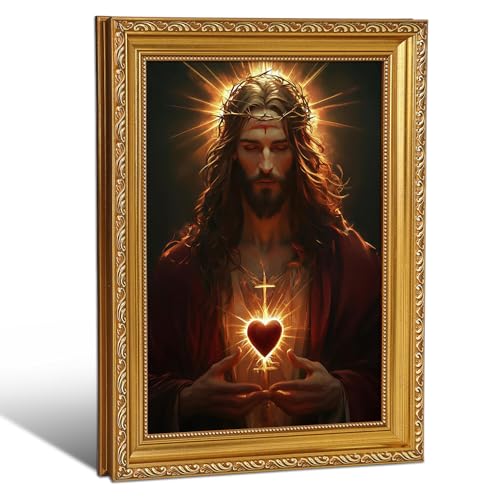 Gold Framed Sacred Heart of Jesus Wall Art Jesus Canvas Print, Catholic Wall Decor Christian Religious Picture, for Prayer Room, Church, Living Room, Bedroom, 9x11 Inch - color: Framed-Jesus, size: 9"L x 11"W