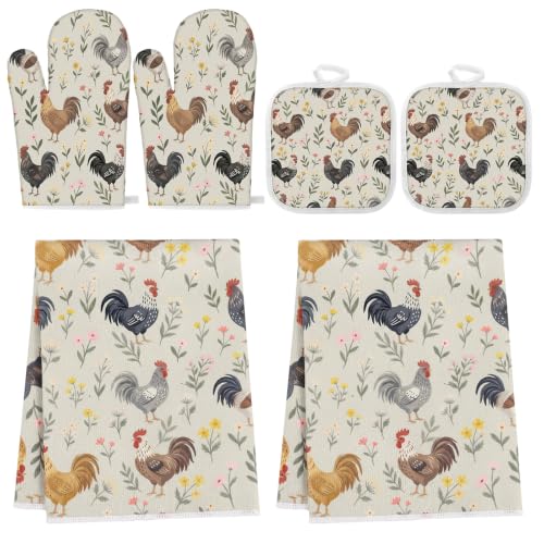 Frienda 6 Pcs Rooster Kitchen Towels Oven Mitts and Pot Holders Set | Farmhouse Kitchen Decor Dish Towels Pot Holders for Christmas Mom Her Lady Owner Baking Accessories Stuff Gifts - style: Farmhouse Chicken
