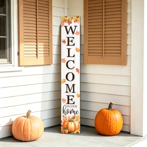 Fall Welcome To Our Home Porch Sign 47" | Autumn Welcome Standing Front Door Decor with Pumpkin Maple Leaves Outdoor Patio Vertical Tall Thanksgiving Decorations - color: Fall Welcome Sign (White), size: 47"L x 8"W