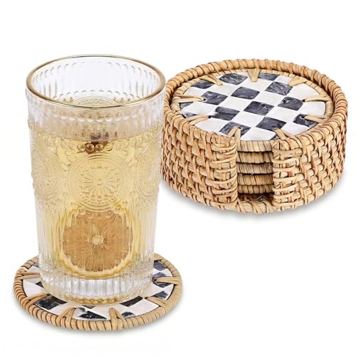 Boho Coastal Coasters Set of 6, Handwoven Rattan Coasters with Holder - Drink Coaster for Coffee Table, Boho Coaster for Home Decor, Rattan & Mother of Pearl, 4 Inch(Checkered Pattern) - style: Checkered Pattern