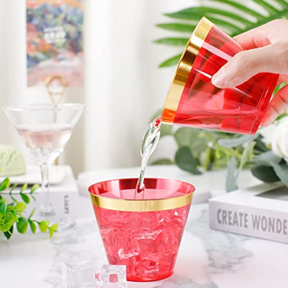 LUODA 150PCS Red Plastic Cups, 9oz Clear Red Disposable Cups with Gold Rim | Old Fashioned Tumblers Gold Rimmed Red Plastic Cups,Unbreakable cups for Any occasion: Weddings, Parties, Business Events - color: Red