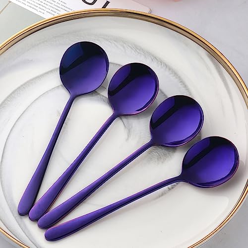 4-Piece Purple Soup Spoons Stainless Steel Bouillion Spoons, 6.88 Inch Round Head, Heavy-Weight Stainless Steel Korean Spoon Set of 4, Rice Spoon Silverware Set - size: 4 pcs Purple