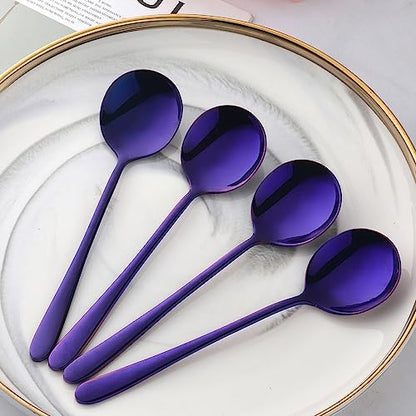 4-Piece Purple Soup Spoons Stainless Steel Bouillion Spoons, 6.88 Inch Round Head, Heavy-Weight Stainless Steel Korean Spoon Set of 4, Rice Spoon Silverware Set - size: 4 pcs Purple