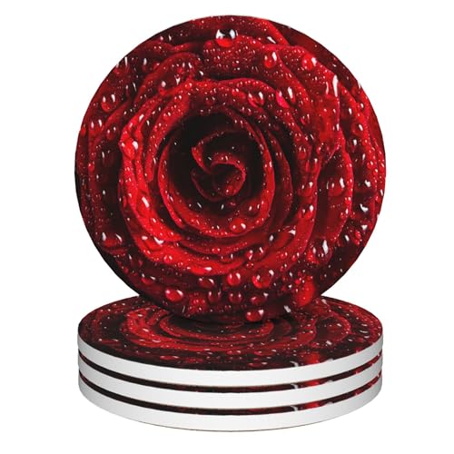 Coasters for Drinks,Red Rose Flower Absorbent Coaster Set of 4 with Cork Base,Ceramic Drink Coasters for Cold Drinks Wine Glasses Cups Mugs,Housewarming Gifts for Home Decor - color: Red Rose Flower